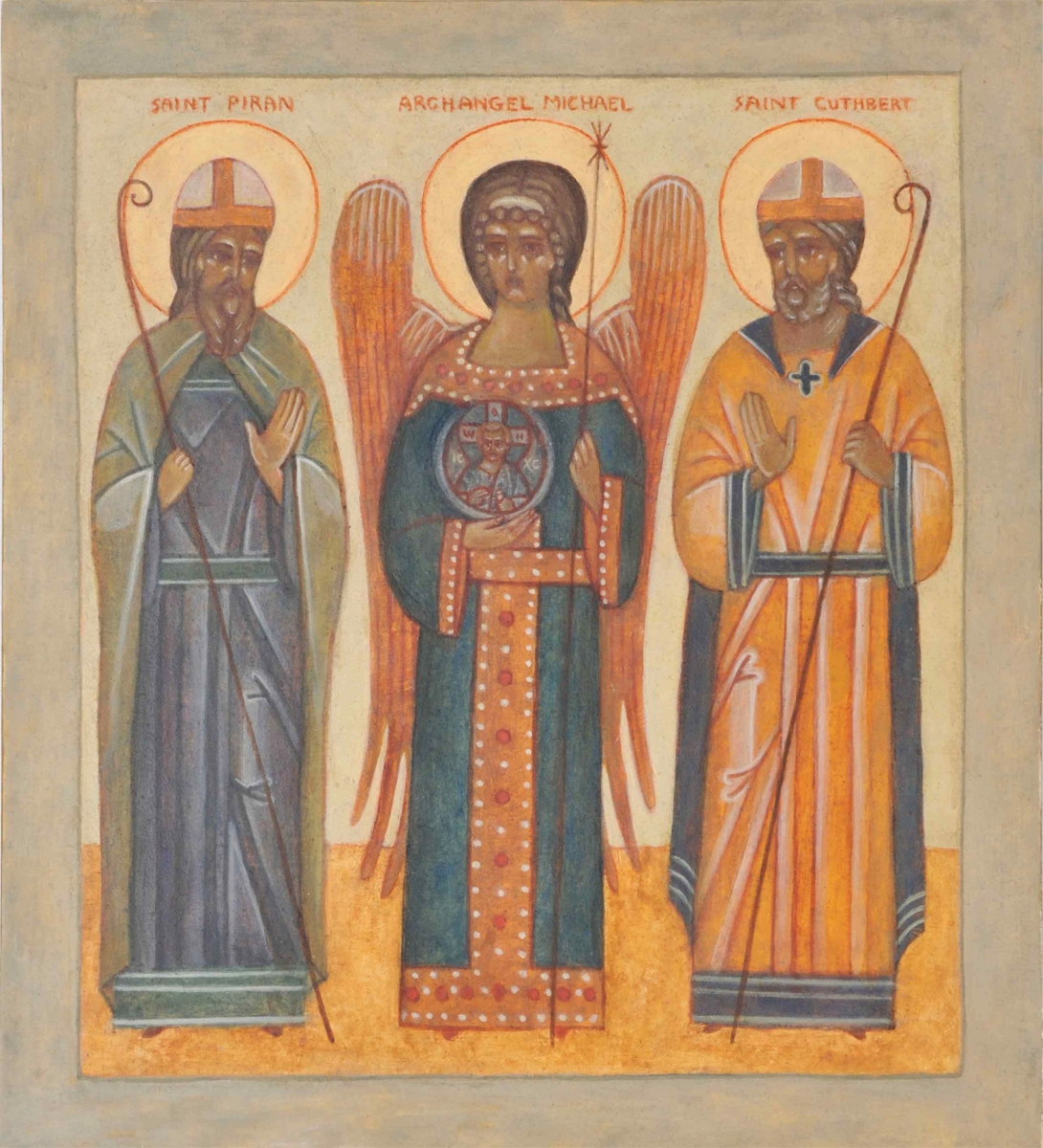 Religious icon: Saints Cuthbert and Piran with Archangel Michael
